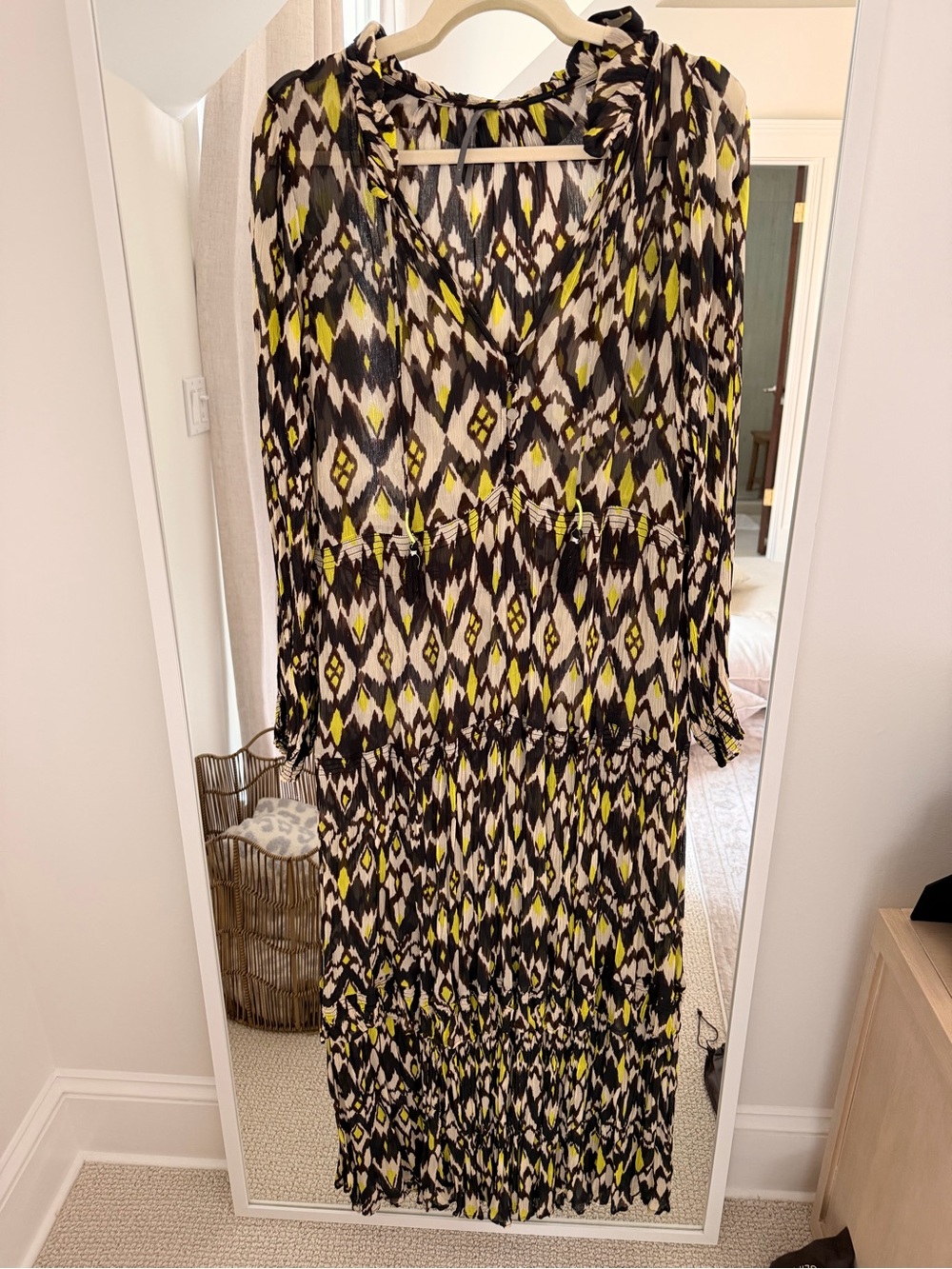 Anthropologie Ikat Print Tassel Midi Dress | Boho Long Sleeve | Size Large